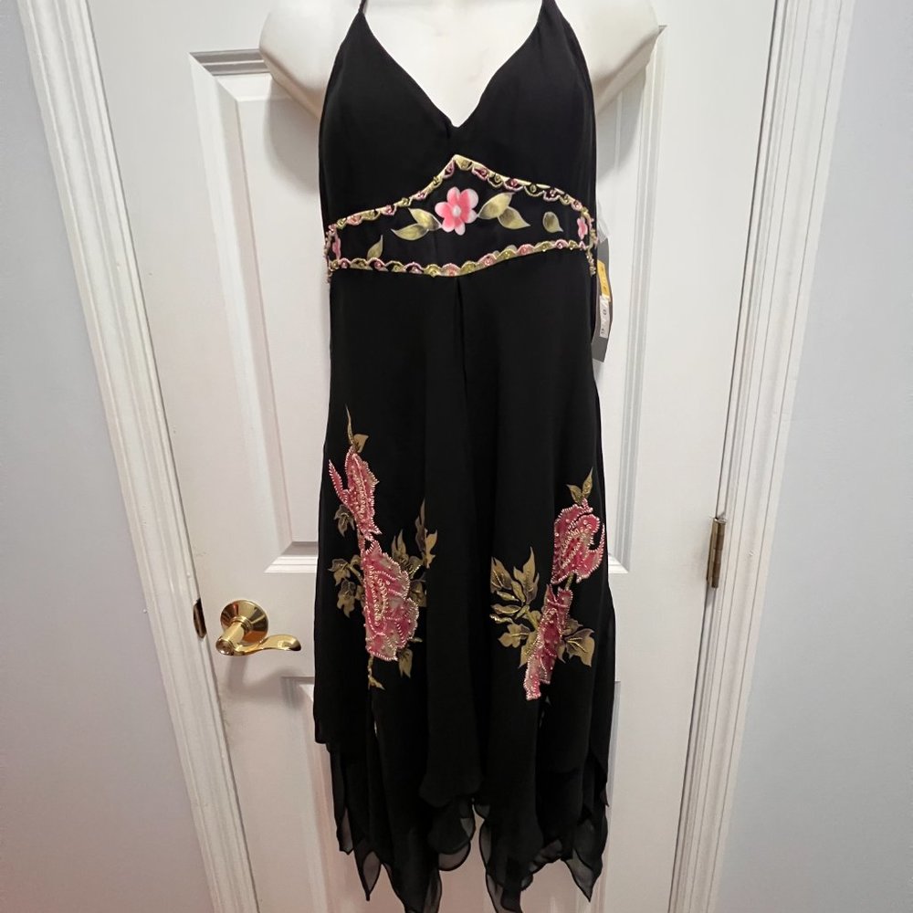 Sue Wong Black Silk hand embroidered beaded sequins Dress Midi Flare NWT sz 12 - Picture 5 of 11